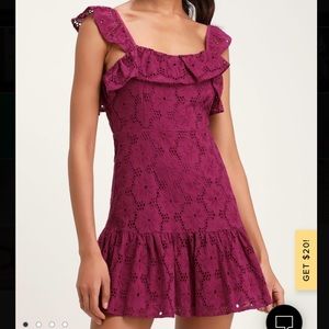 Lulus Biscay Magenta Ruffled Eyelet Lace Sleeveless Dress